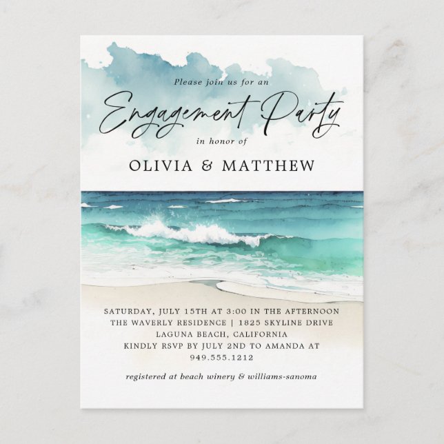 Modern Watercolor Beach Engagement Party Inviation Postcard (Front)