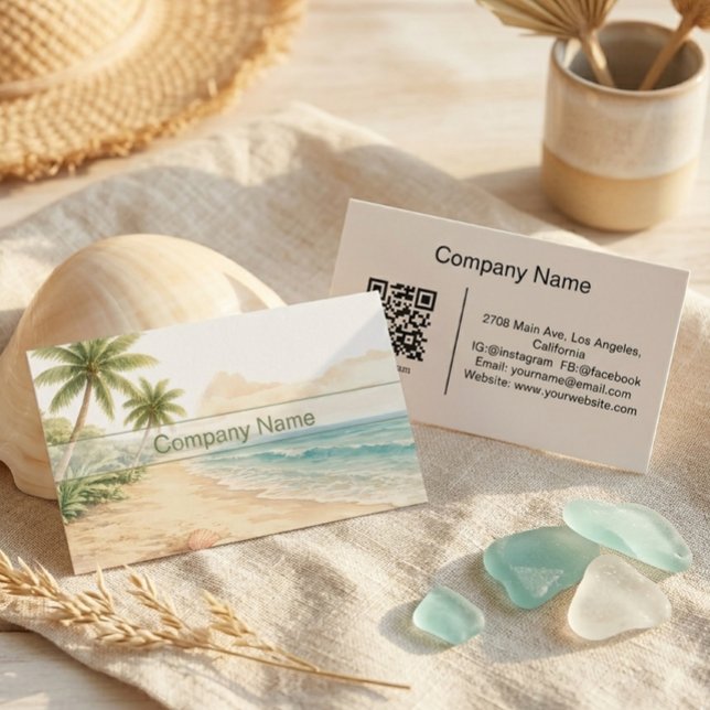 Modern Watercolor Beach Vacation Rental QR Code Business Card (Creator Uploaded)