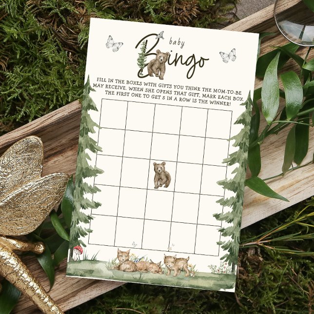 Modern Watercolor Bear Baby Shower Bingo Game Flyer (Baby Bingo Shower Game)