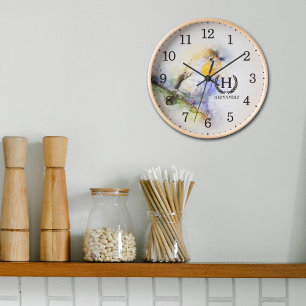 Modern Watercolor Bird, Monogram Wood Wall  Clock