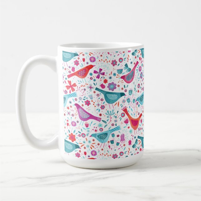 Modern Watercolor Birds and Flowers Colourful Coffee Mug (Left)