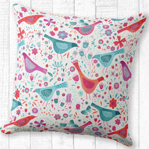 Modern Watercolor Birds and Flowers Colourful Cushion