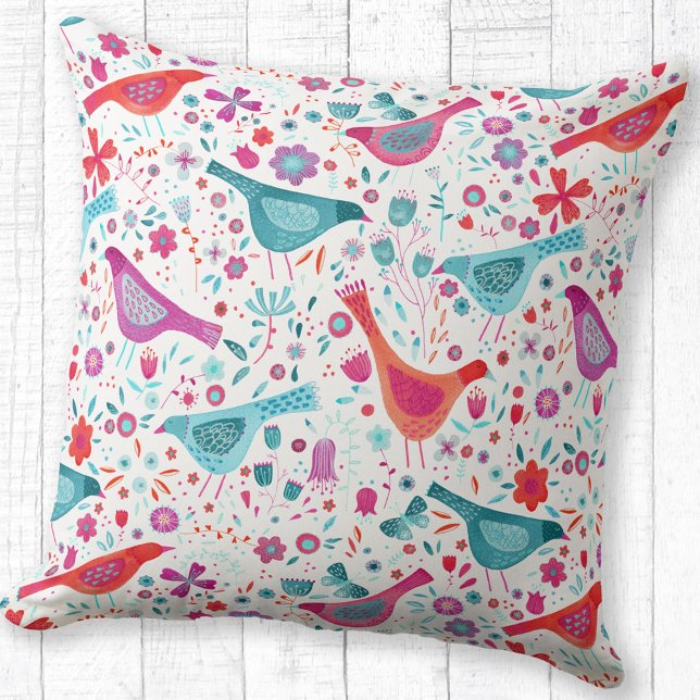 Modern Watercolor Birds and Flowers Colourful Cushion (Watercolor bird and flower pink, orange, red and teal art throw pillow)