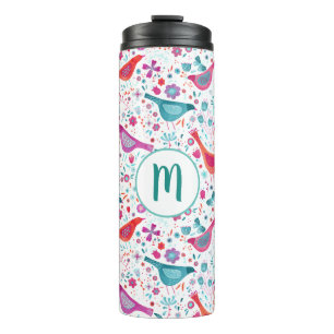 Modern Watercolor Birds and Flowers Monogram Thermal Tumbler