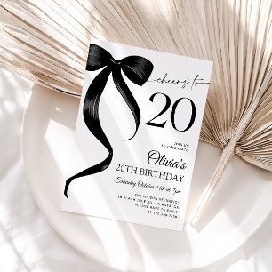 Modern Watercolor Black Bow 20th Birthday Invitation