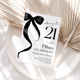 Modern Watercolor Black Bow 21st Birthday Invitation