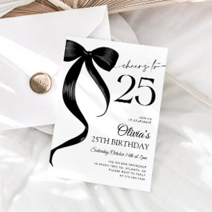 Modern Watercolor Black Bow 25th Birthday Invitation