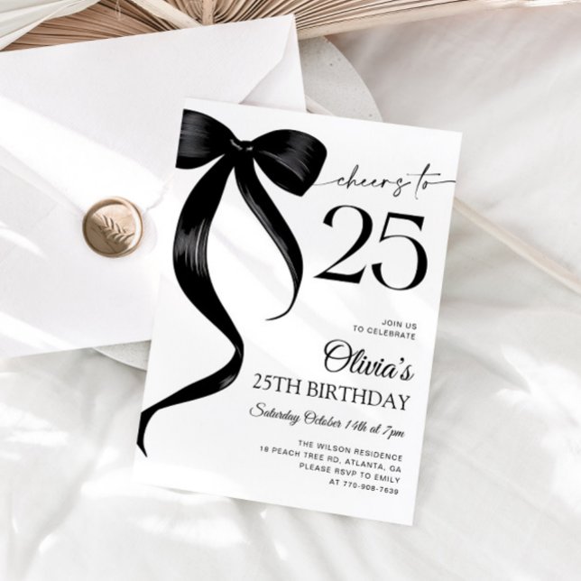 Modern Watercolor Black Bow 25th Birthday Invitation (Creator Uploaded)