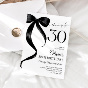 Modern Watercolor Black Bow 30th Birthday Invitation