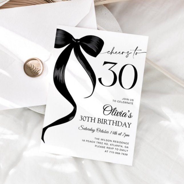 Modern Watercolor Black Bow 30th Birthday Invitation (Creator Uploaded)