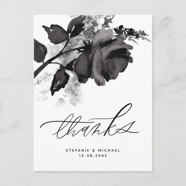 Modern Watercolor Black Rose Wedding Thank You Postcard (Front)