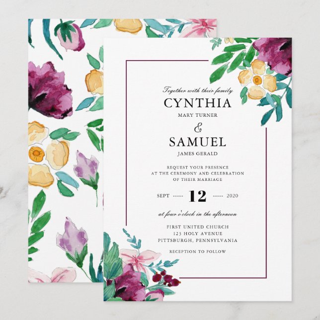 Modern Watercolor Blooms Wedding Invitation (Front/Back)