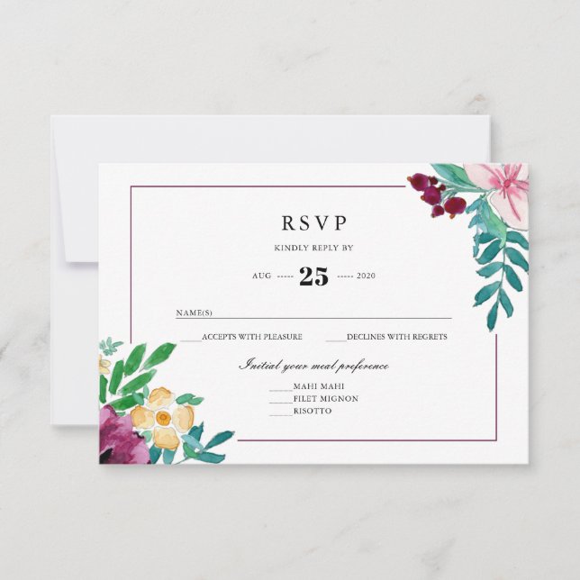Modern Watercolor Blooms Wedding RSVP Card (Front)