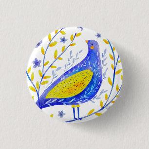 Modern Watercolor Blue and Yellow Bird Art 3 Cm Round Badge