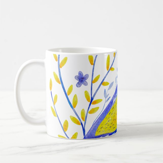 Modern Watercolor Blue and Yellow Bird Art Coffee Mug (Left)