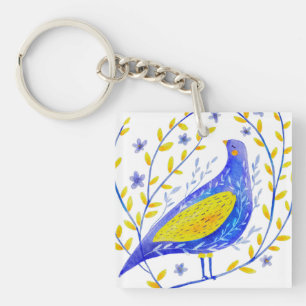 Modern Watercolor Blue and Yellow Bird Art Key Ring