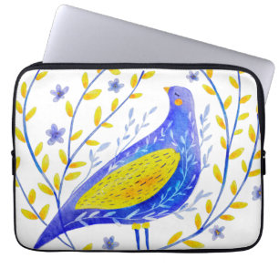 Modern Watercolor Blue and Yellow Bird Art Laptop Sleeve