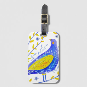Modern Watercolor Blue and Yellow Bird Art Luggage Tag