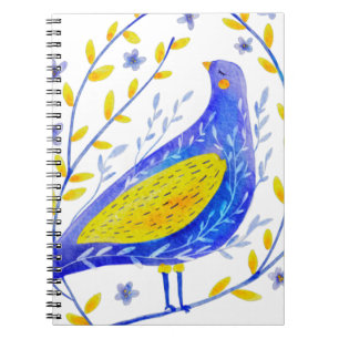 Modern Watercolor Blue and Yellow Bird Art Notebook