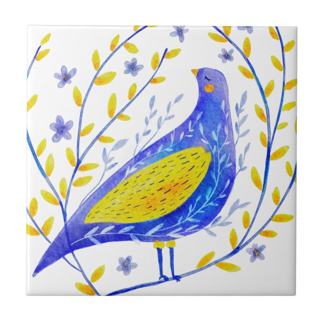 Modern Watercolor Blue and Yellow Bird Art Tile (Front)