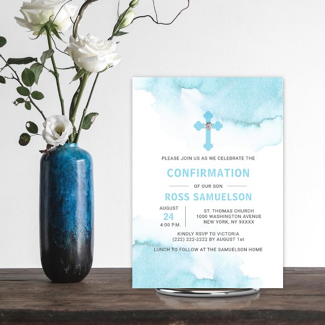 Modern Watercolor Blue BOY Holy Confirmation Invitation (Creator Uploaded)
