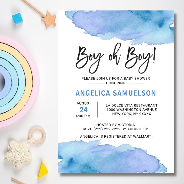 Modern Watercolor Blue BOY Oh BOY Baby Shower Invitation (Creator Uploaded)