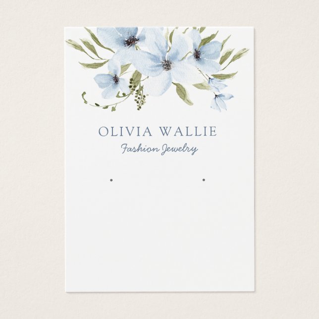 Modern watercolor blue floral earring display card (Front)