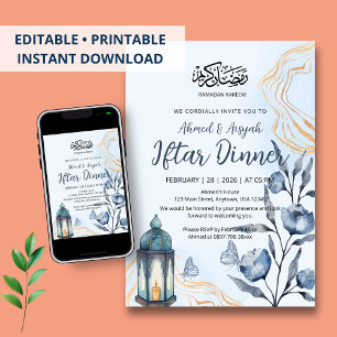 Modern Watercolor Blue Floral & Gold Iftar Dinner Invitation