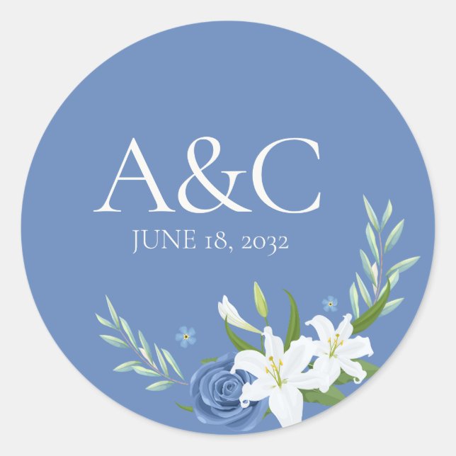 Modern Watercolor Blue Floral Wedding Classic Round Sticker (Front)