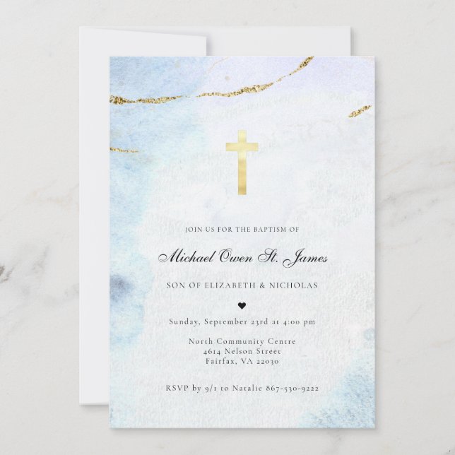 Modern Watercolor | Blue & Gold Baptism Invitation (Front)