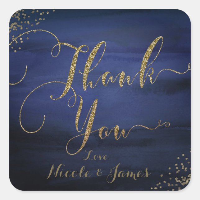 Modern Watercolor Blue Gold Confetti Thank You Square Sticker (Front)