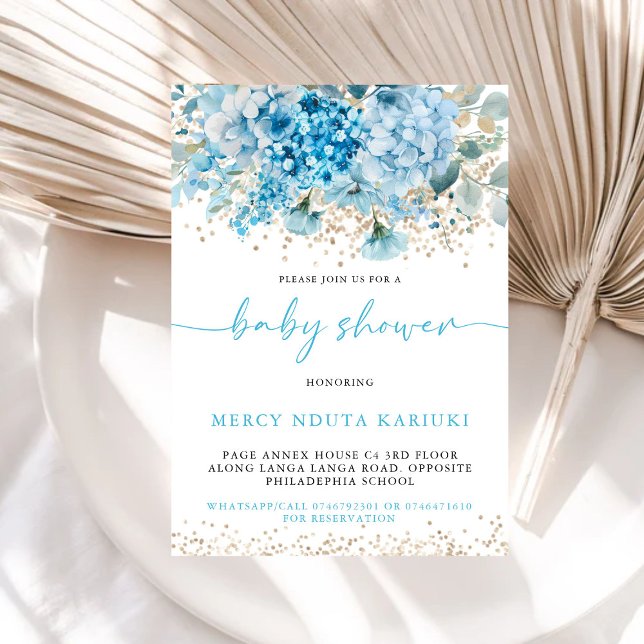 Modern Watercolor Blue Gold Floral Baby Shower Invitation (Creator Uploaded)