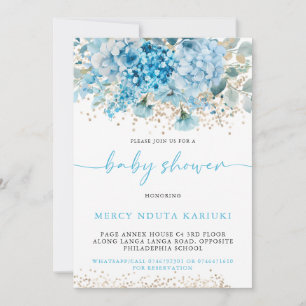 Modern Watercolor Blue Gold Floral Baby Shower Invitation