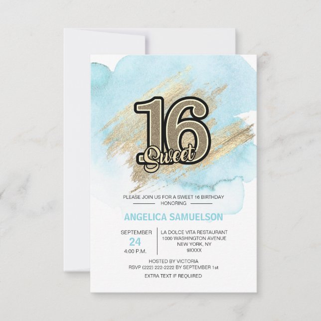 Modern Watercolor Blue Gold Sweet 16 Sixteen Invitation (Front)