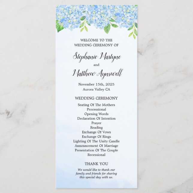 Modern Watercolor Blue Hydrangea Wedding Ceremony Programme (Front)