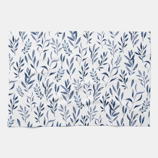 Modern Watercolor Blue Leaves Pattern   Tea Towel (Horizontal)