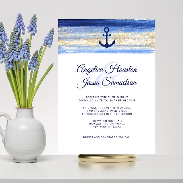 Modern Watercolor Blue Navy Gold Nautical Wedding Invitation (Creator Uploaded)