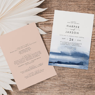 Modern Watercolor Blue & Peach Front Back Wedding Invitation