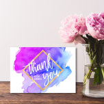 Modern Watercolor Blue Purple Turquoise THANK YOU<br><div class="desc">Lovely modern watercolor THANK YOU cards with text in front. Blue, teal, turquoise, purple, violet mix of colors. Script letters. Faux gold foil frame. BACK OF CARD is blank and option to add your handwritten message / notes. Perfect for any occasion such as wedding, baby shower, graduation, birthday, christening /...</div>