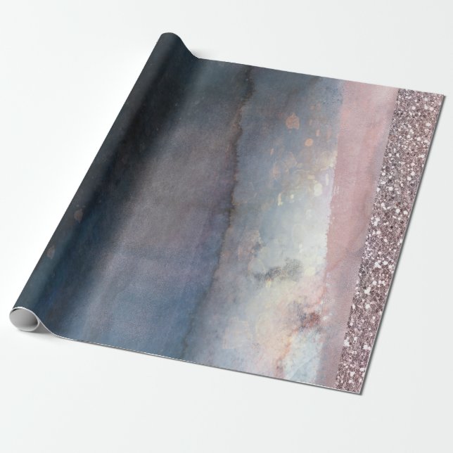Modern Watercolor Blue & Rose Gold Pink Party Wrapping Paper (Unrolled)