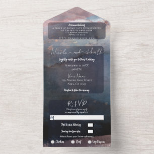 Modern Watercolor Blue Rose Gold Wedding Photo  All In One Invitation