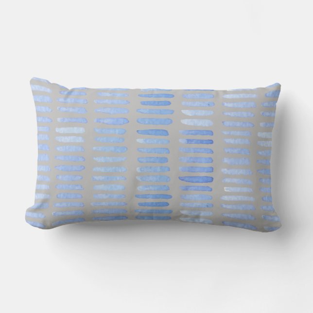 Modern Watercolor Blue Strokes on Grey Lumbar Cushion (Front)