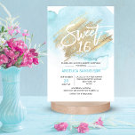 Modern Watercolor Blue Sweet 16 Sixteen 3.5x5" Invitation<br><div class="desc">*** CARDS are 3.5"x5" click "SIZE" for LARGER sizes *** Send these modern yet elegant sweet 16 sixteen invitations to your guests. Light pastel blue watercolor on white background. Faux gold brush stroke with 16 in faux glitter ! Editable cards - personalise them by adding your text. Perfect for girl...</div>