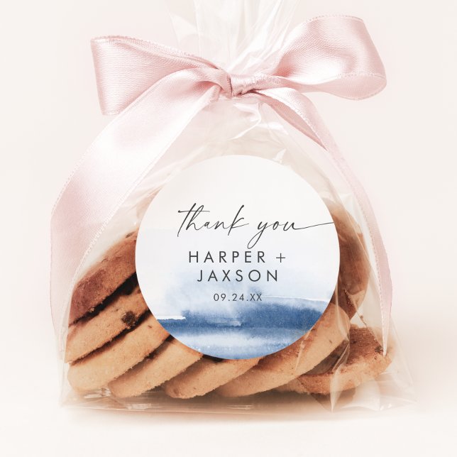 Modern Watercolor | Blue Thank You Wedding Favour Classic Round Sticker