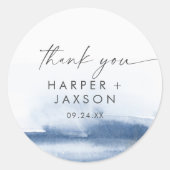 Modern Watercolor | Blue Thank You Wedding Favour Classic Round Sticker (Front)