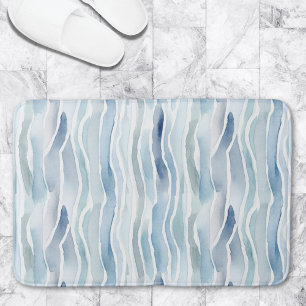 Modern Watercolor Blue Wave Stripe Pattern Bath Mat