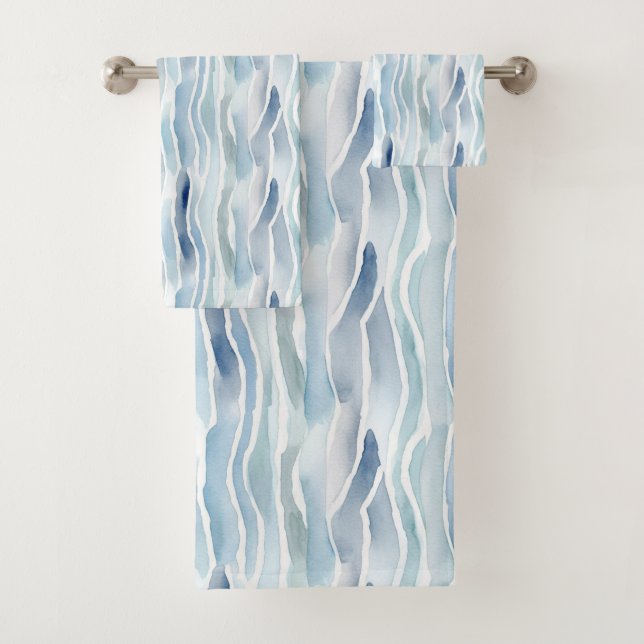 Modern Watercolor Blue Wave Stripe Pattern Bath Towel Set (Insitu)