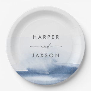 Modern Watercolor Blue Wedding Cake Paper Plate