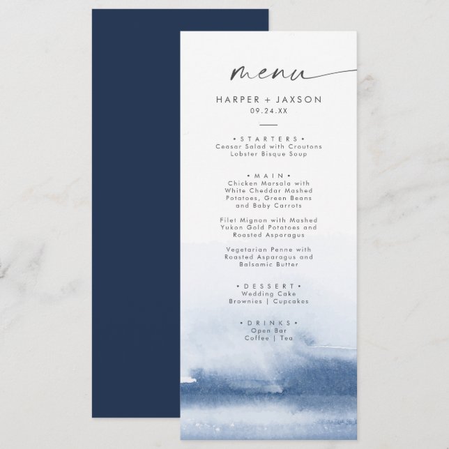 Modern Watercolor | Blue Wedding Dinner Menu (Front/Back)