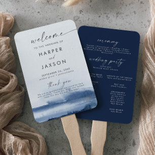Modern Watercolor Blue Wedding Program Hand Fan